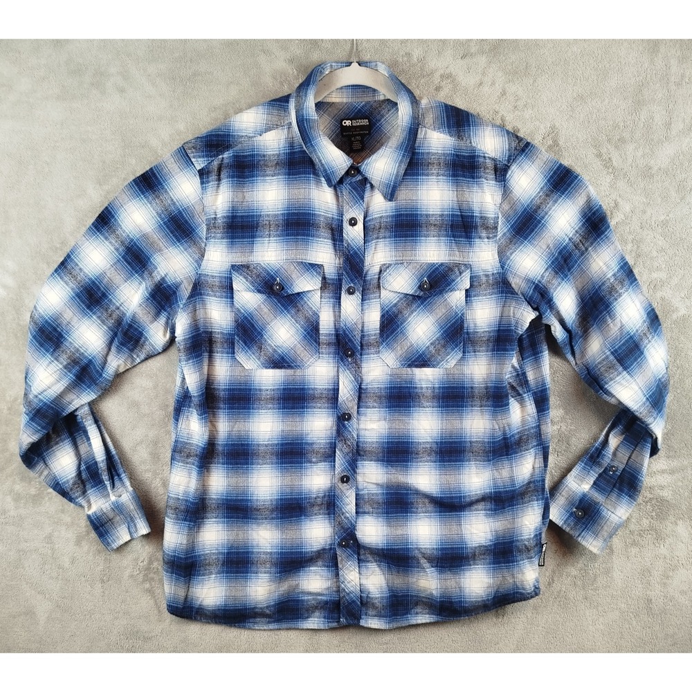 Outdoor Research Mens Flannel Shirt Blue White Plaid Button Up Long Sleeve XL‎